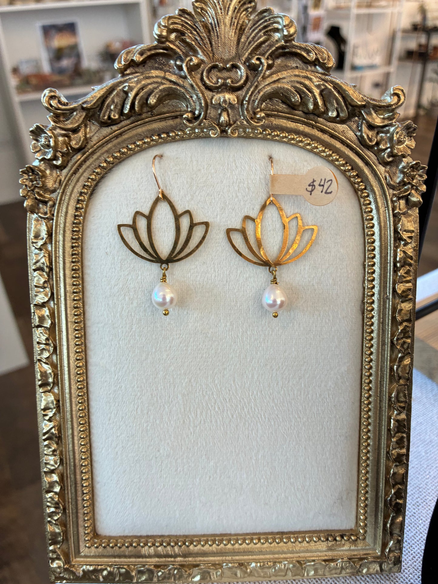 Kamal - Lotus Earrings with White Pearl Drop