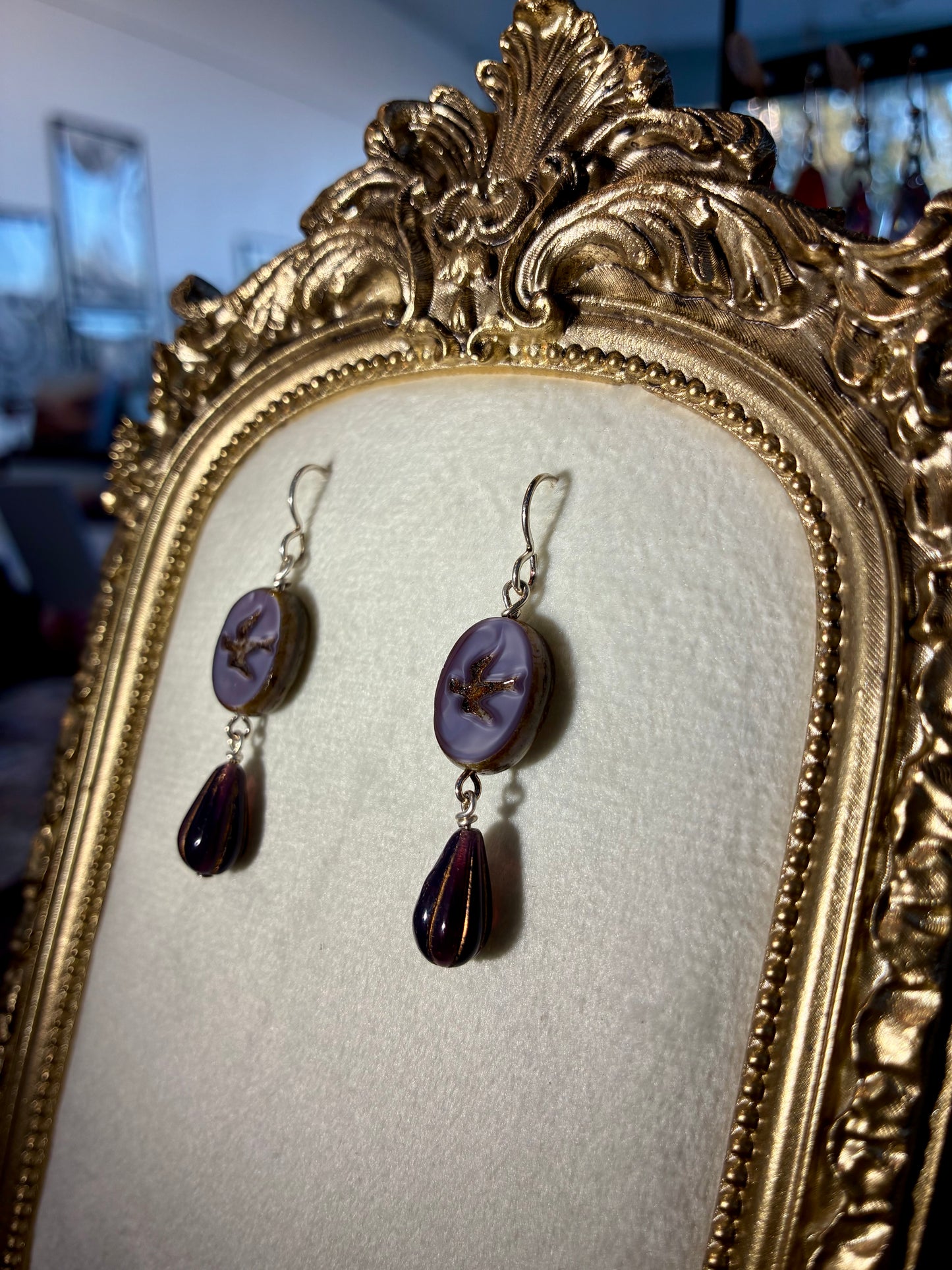 Vintage Style Czech Glass Dark Violet Sparrow Earrings