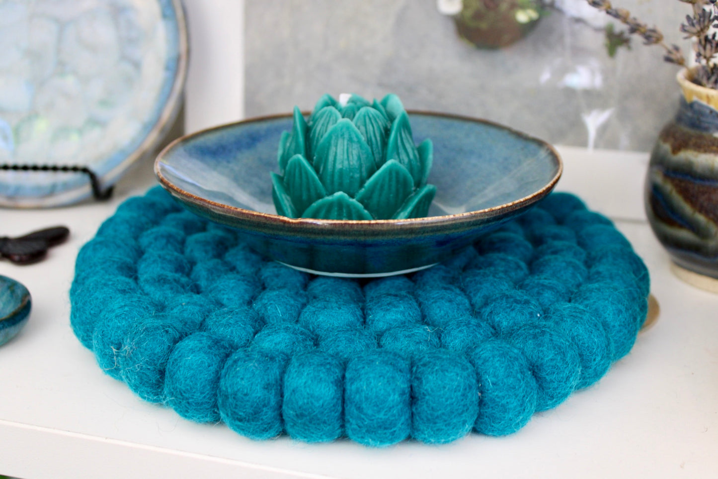 Teal Felt Ball Round Trivet