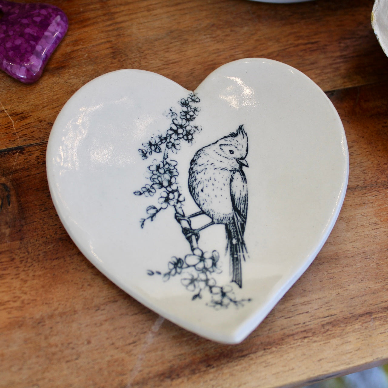 Ceramic Heart Dish with Cardinal on Cherry Blossoms