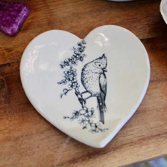 Ceramic Heart Dish with Cardinal on Cherry Blossoms