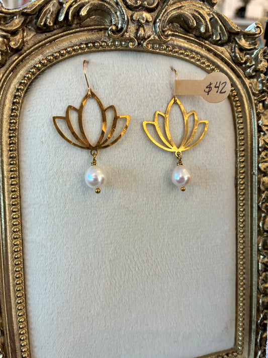 Kamal - Lotus Earrings with White Pearl Drop