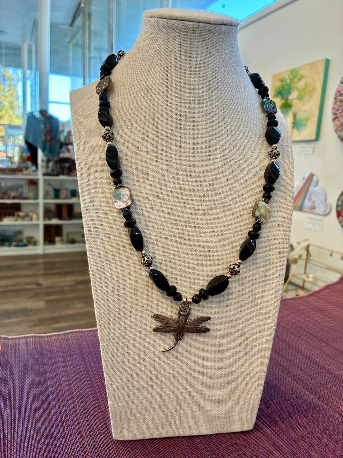 Abalone & Black Onyx Dragonfly Pendant Necklace