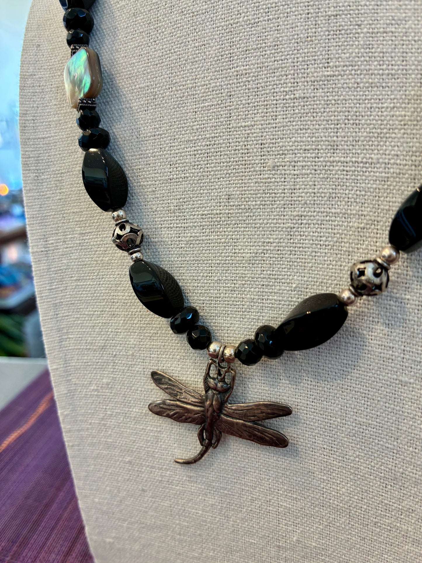Abalone & Black Onyx Dragonfly Pendant Necklace