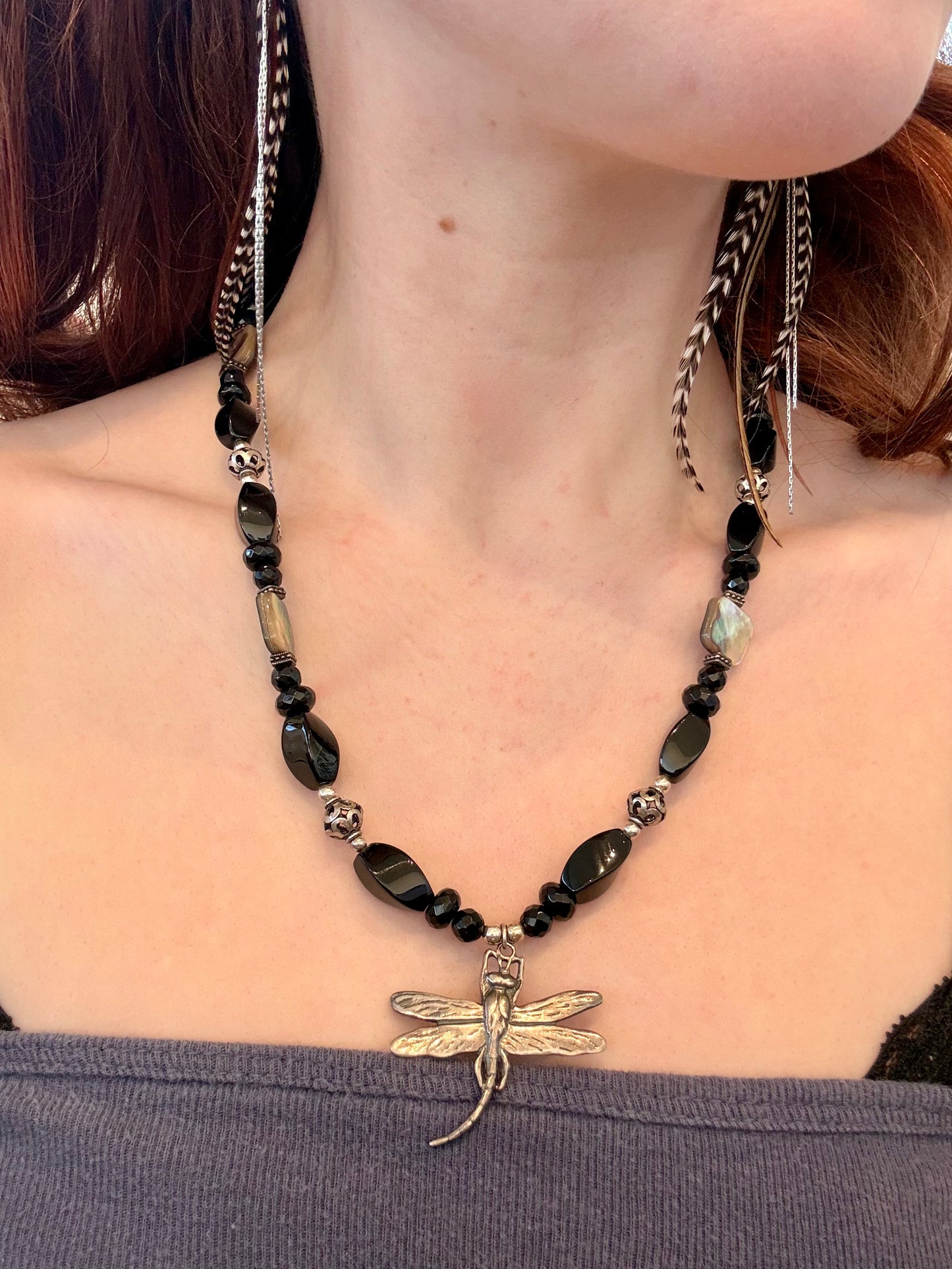 Abalone & Black Onyx Dragonfly Pendant Necklace