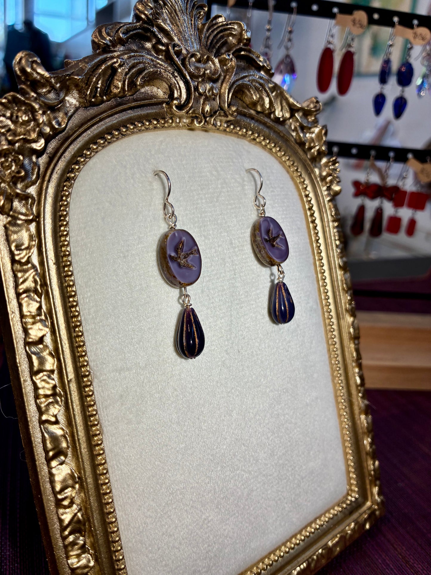 Vintage Style Czech Glass Dark Violet Sparrow Earrings