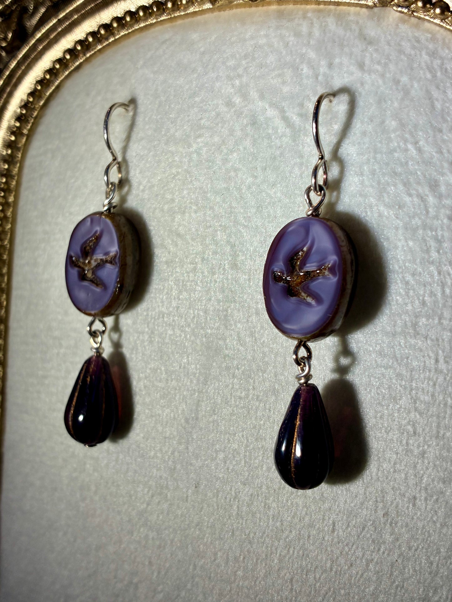 Vintage Style Czech Glass Dark Violet Sparrow Earrings