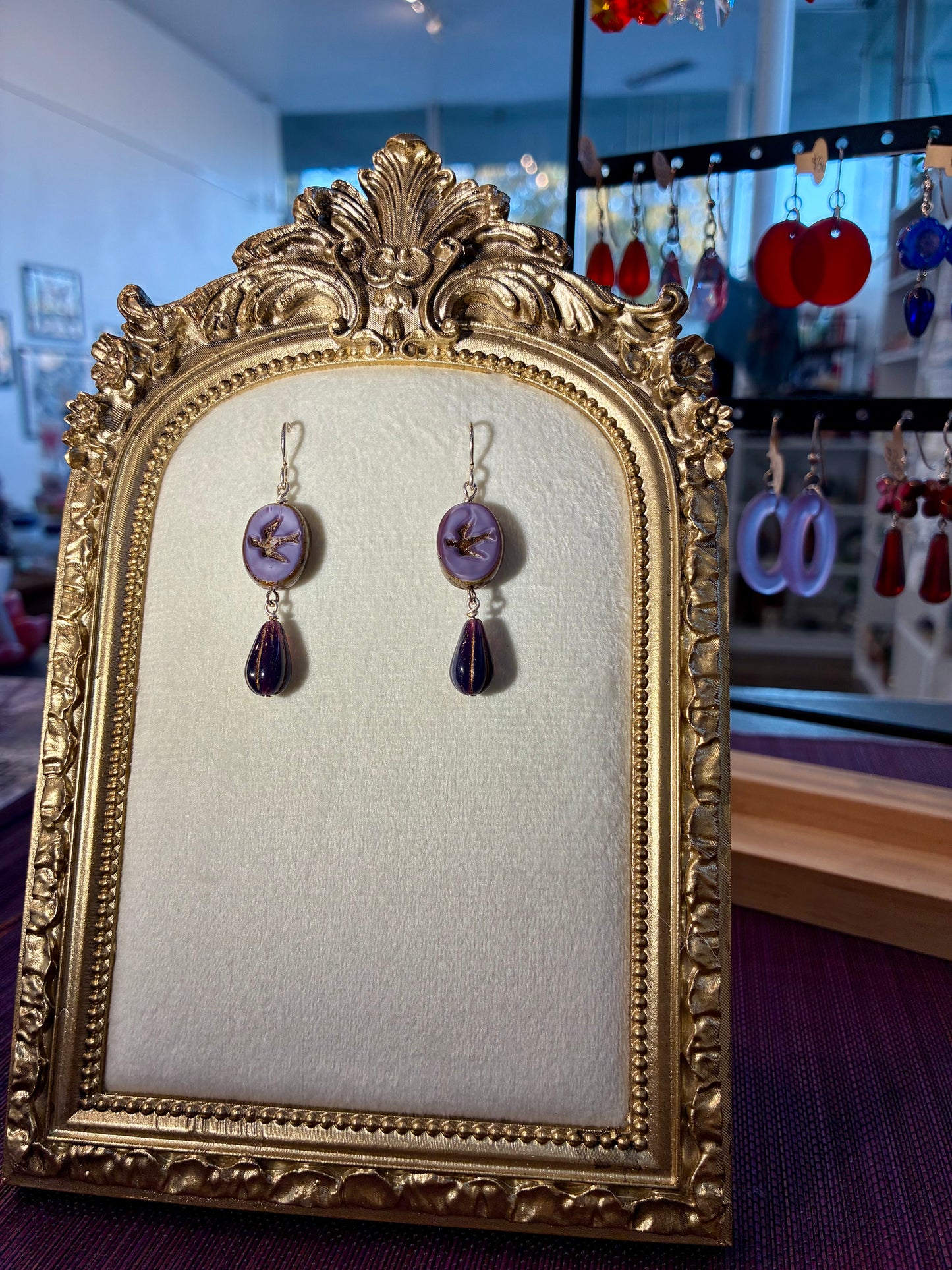 Vintage Style Czech Glass Dark Violet Sparrow Earrings