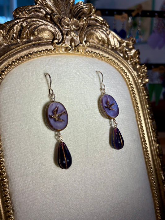 Vintage Style Czech Glass Dark Violet Sparrow Earrings