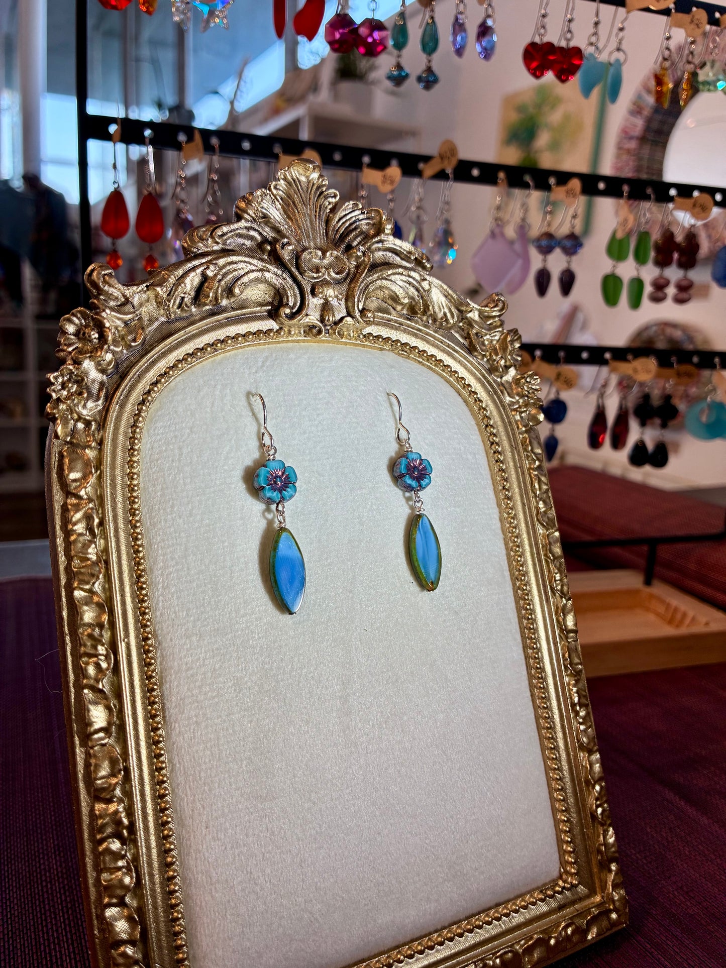 Vintage Style Czech Glass Bead Blue Flower Earrings