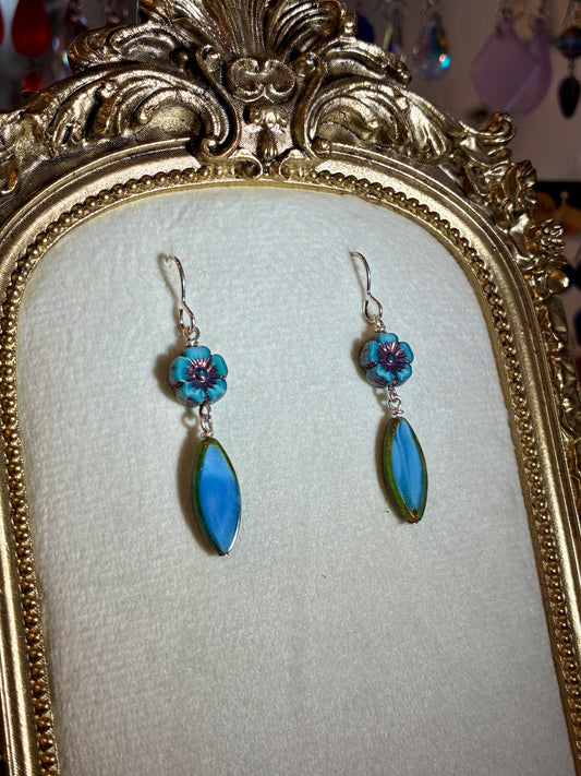 Vintage Style Czech Glass Bead Blue Flower Earrings