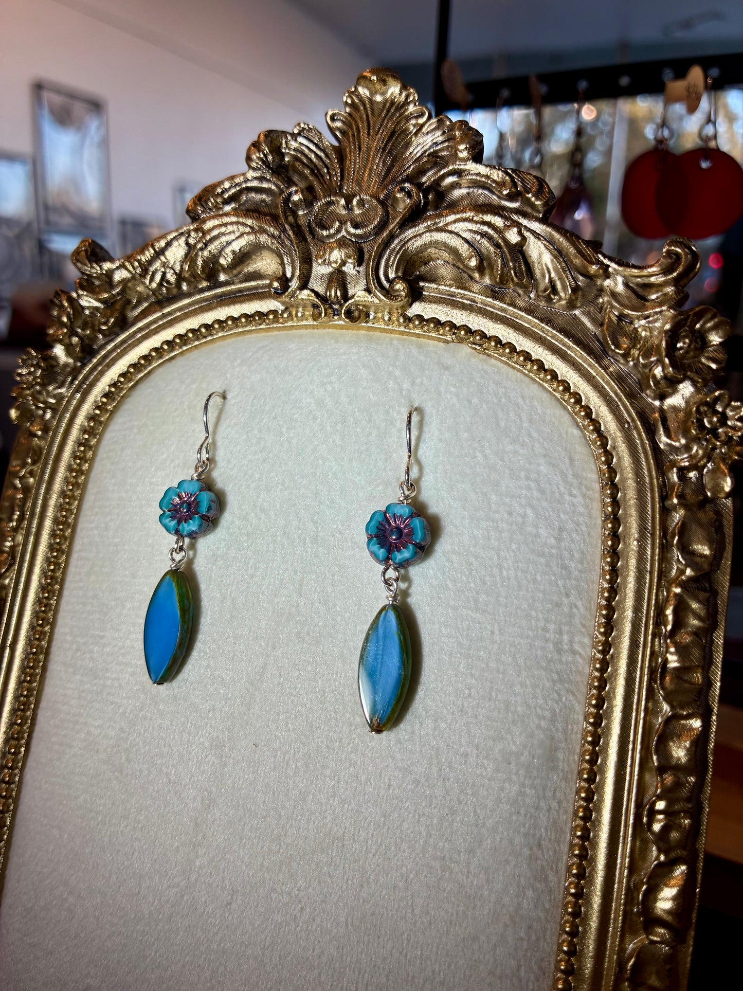 Vintage Style Czech Glass Bead Blue Flower Earrings